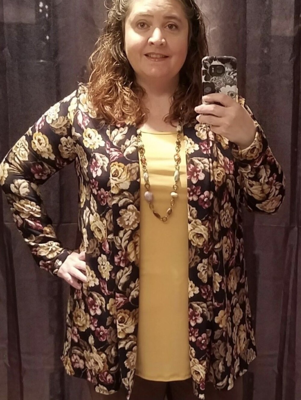 ​The ZigZag Stripe Open Front Floral Cardigan XL Black Mustard Yellow Rose Print - Picture 2 of 10